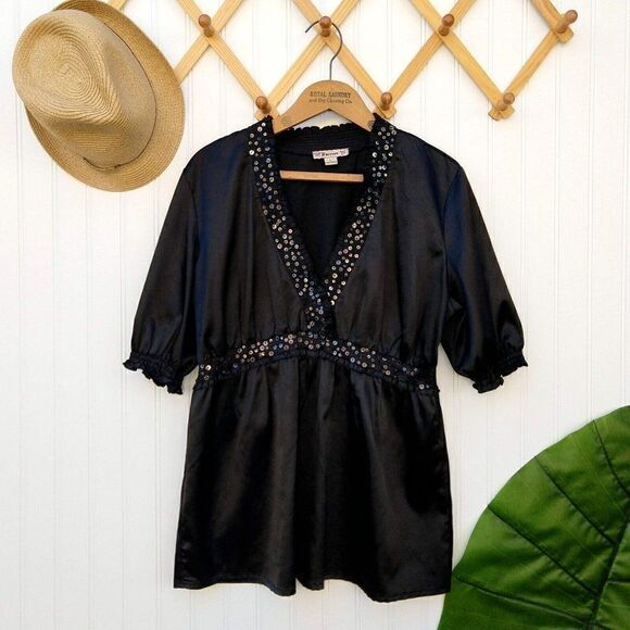 Forever 21 Vintage Y2K 90s Black V Neck Top Size L Silky Sequins Puff Sleeve - Picture 1 of 7